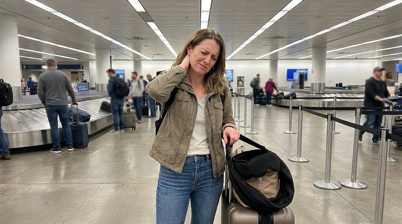 Traveler with a stiff neck at the airport