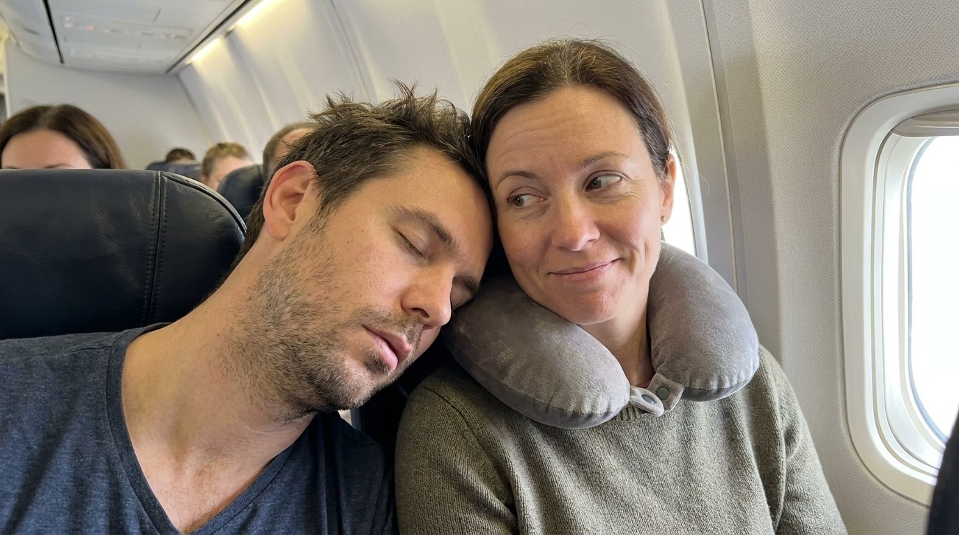 Passenger asleep on a stranger's shoulder